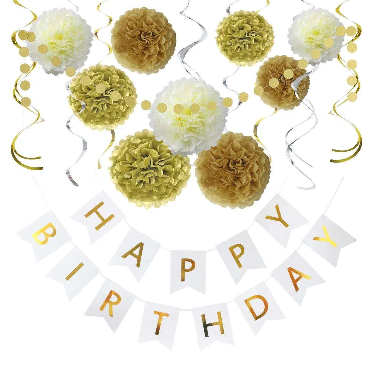 Litaus Birthday Decorations, Gold and White Happy Birthday Decorations for Women ...