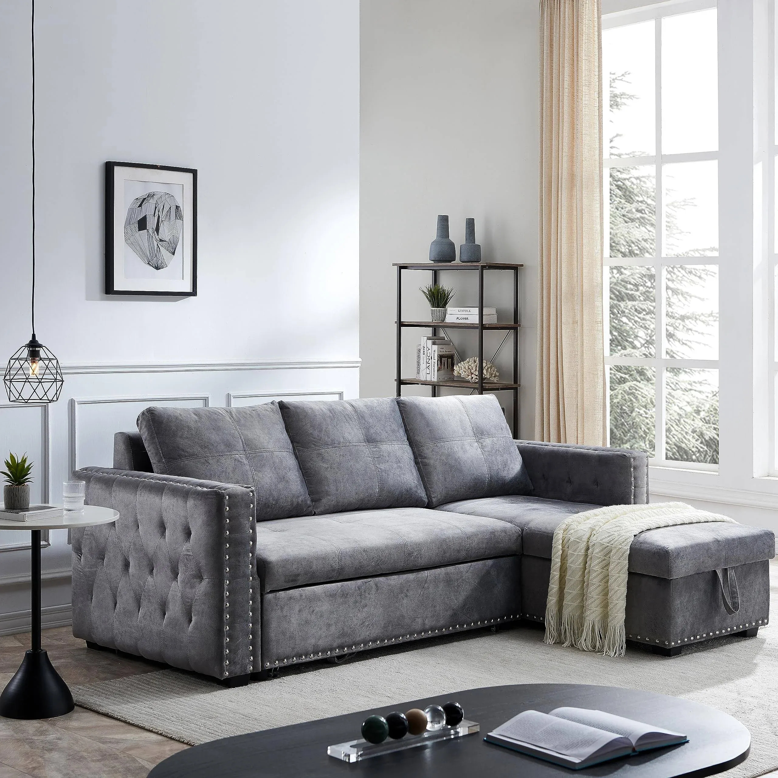 Morden Fort Sectional Sleeper Sofa with Pull Out Bed Storage, Queen Size 91 inches Sofa Bed, L-Shape Sectional Couch with Comfy Chaise Seat Sectional Sleeper Couch for Living Room, Velvet Grey