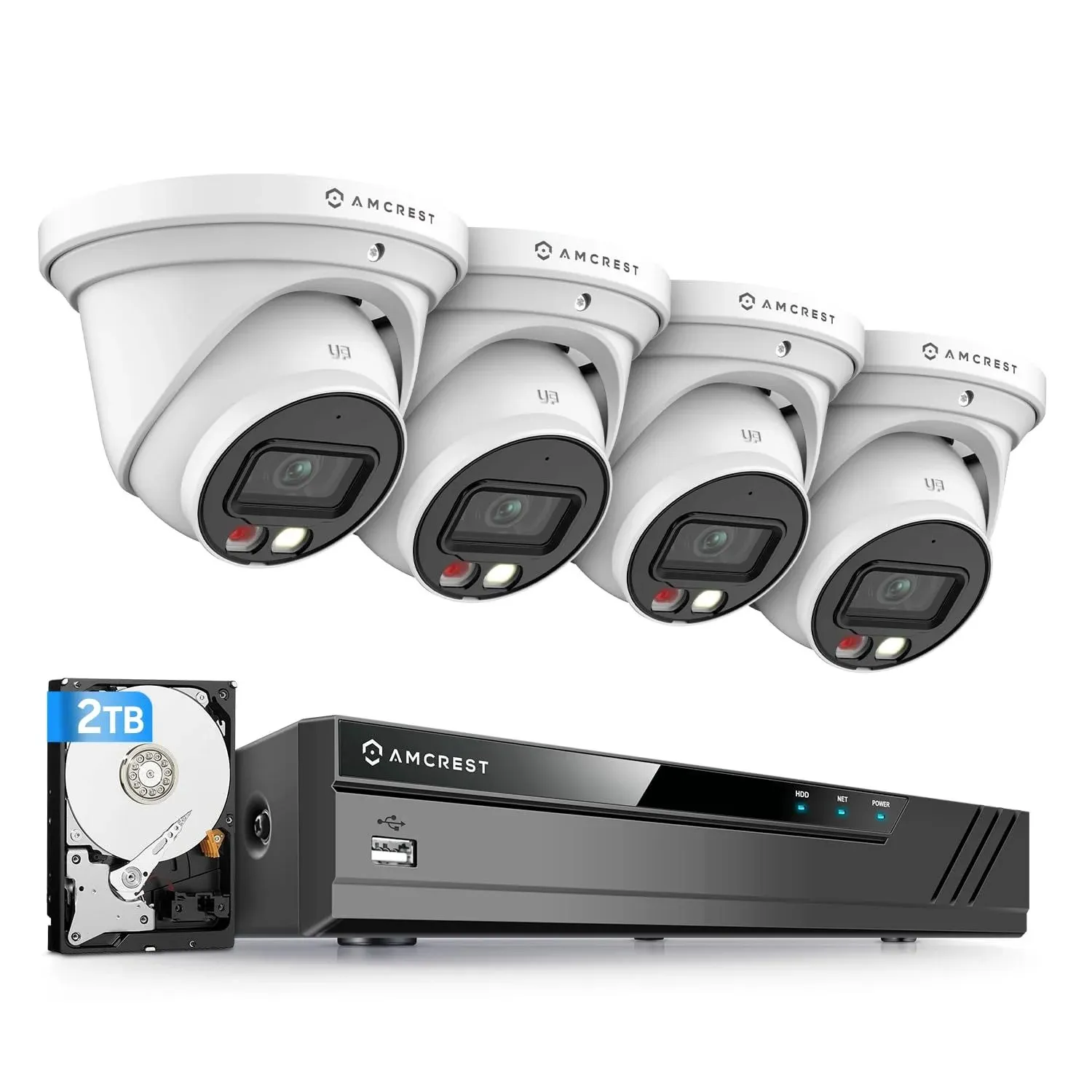 Amcrest 4K Security Camera System, 4K 8CH PoE NVR, (4) x 4K Night Color Turret POE IP Cameras, Active Deterrent, Pre-Installed 2TB Hard Drive, NV4108E-2779EW4-2TB (White)