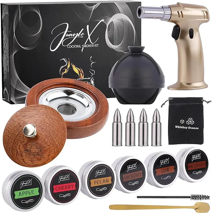 Cocktail Smoker Kit with Torch Including 6 Flavors Chip Woods - Old Fashioned Bourbon and Whiskey Smoker Set - Enhance Drinks, Cheese, and Meat - Great Men's Gift (Wood and Steel)