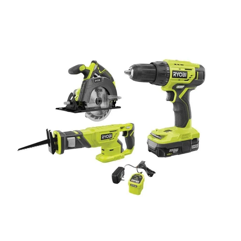 Ryobi 18V Combo Kit: Drill, Circular & Recip Saw, 1.