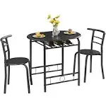 VECELO 3 Piece Small Round Dining Table Set for Kitchen Breakfast Nook, Wood Grain Tabletop with Wine Storage Rack, Save Space, 31.5", Matte Black