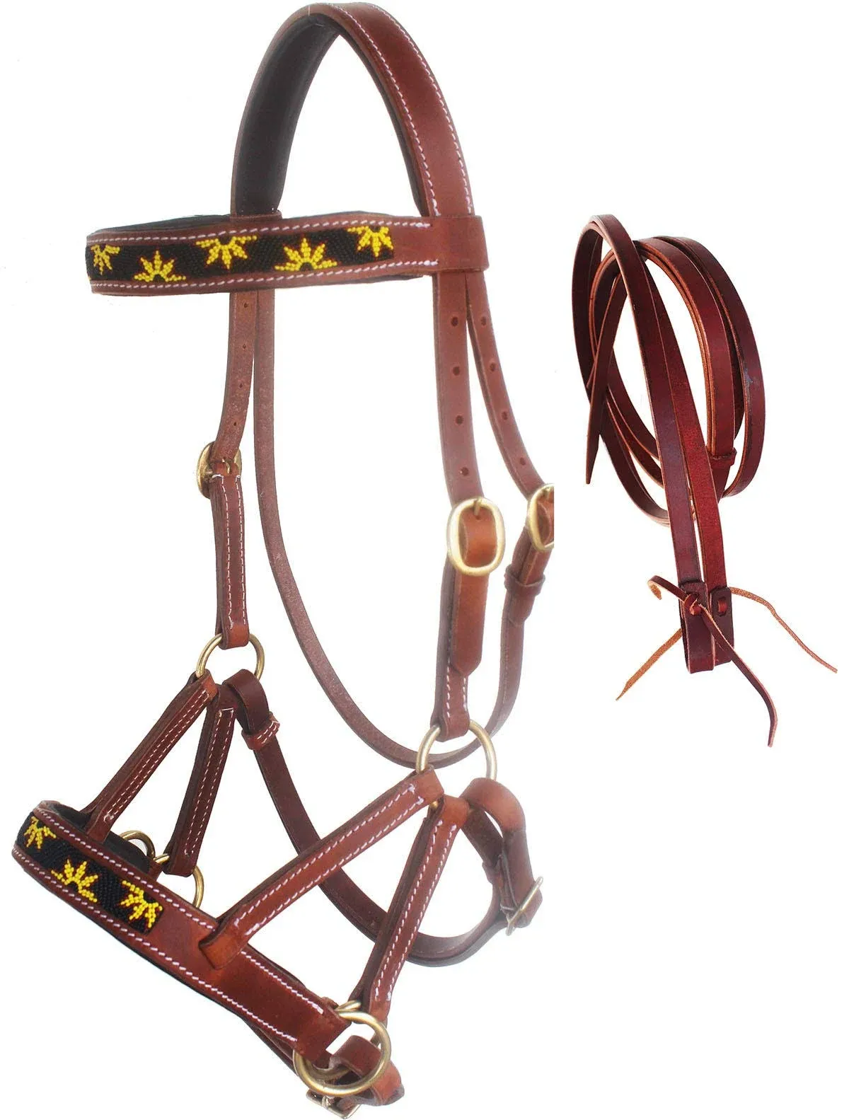 Challenger Horse Western Leather Beaded Bitless Sidepull Bridle Reins Sun Flower ...