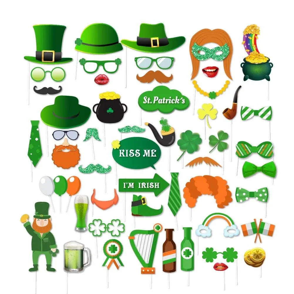 St. Patrick&#039;S Day Photo Booth Props with Stick for Lucky Shamrock Clover Party D