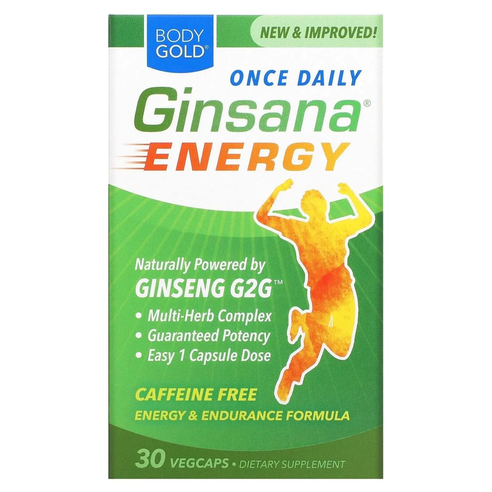 BodyGold Ginsana Energy, Once Daily | Panax Ginseng Extract w/ Energizing Herbal Blend for Focus & Endurance | No Caffeine | 30 VegCap