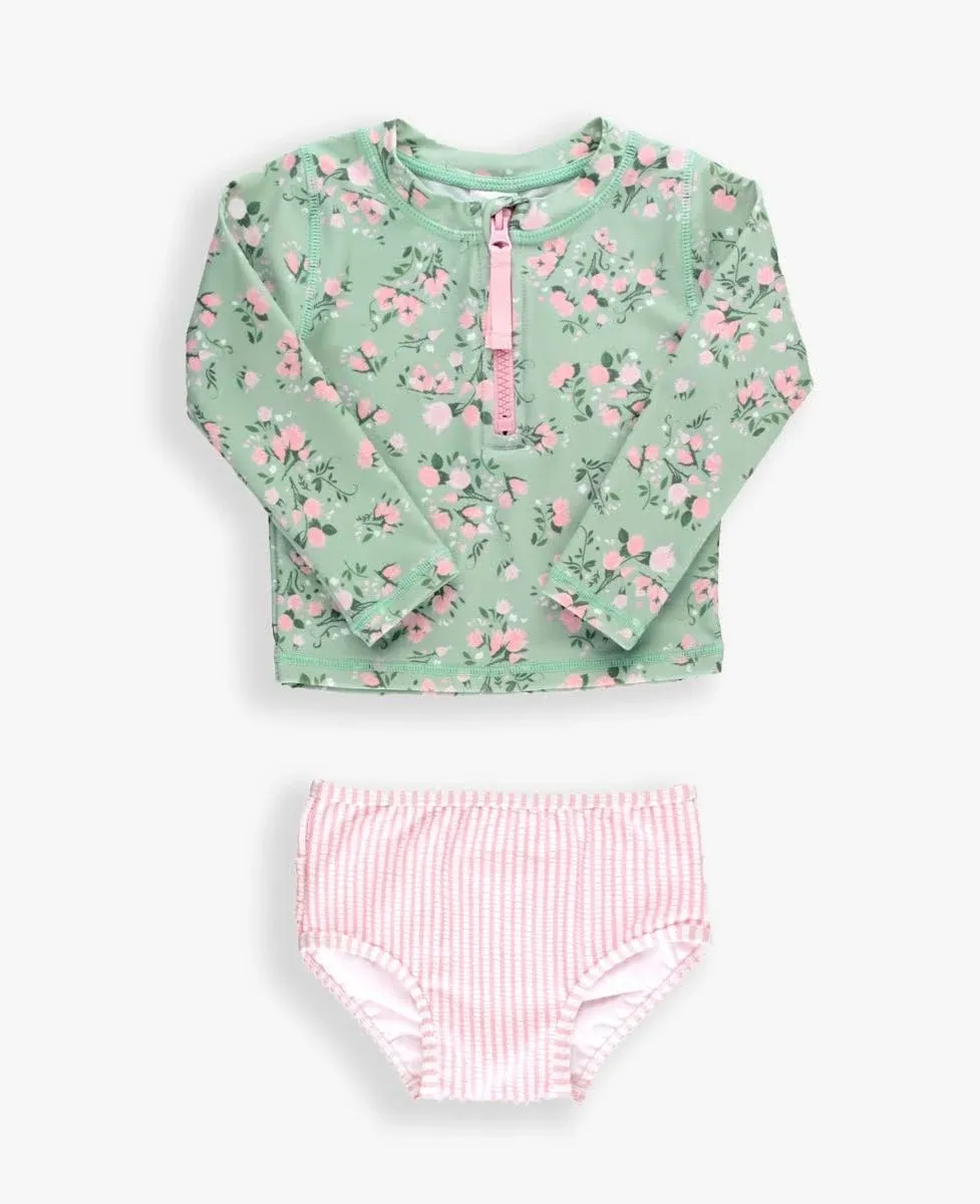 RuffleButts *Tea Roses Long Sleeve Zipper Rash Guard 2-Piece - 5