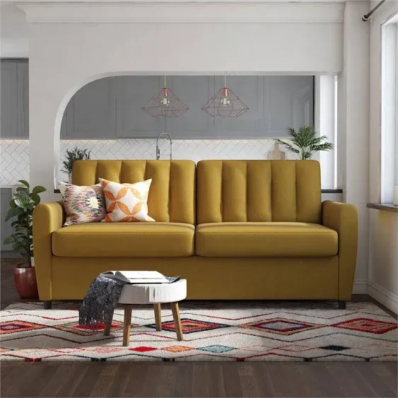 Novogratz Brittany Sleeper Sofa with Memory Foam Mattress, Queen, Mustard Linen