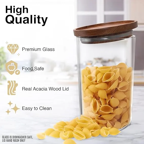 Glass Jars with Wood Lids Set of (4) of 28 fl oz Airtight and Stackable Storage Containers for the Kitchen or Pantry Canister Wooden Acacia Lid holds Food Cookies