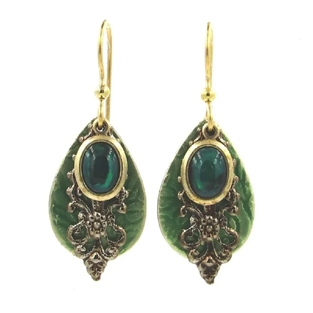 Green Stone and Filigree Layered Metal Drop Earrings