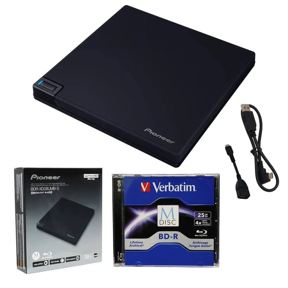 Pioneer BDR-XD08UMB-S Portable 6X Ultra HD 4K Blu-ray Burner External Drive Bundle with Cyberlink Software Download Installation Code, 25GB M-DISC BD-R and USB Cable - Burns CD DVD BD DL BDXL Discs