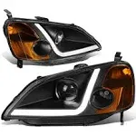 DNA MOTORING Pair LED DRL Projector Headlights Compatible With 01-03 Honda Civic Coupe/Sedan, Black/Amber, HL-LB-HC01-BK-AM