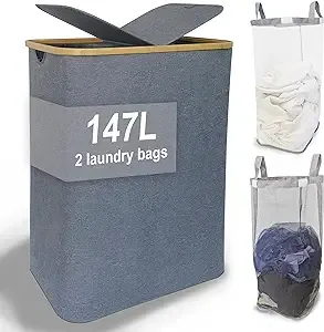 Laundry Hamper with Lid - Divided Laundry Basket with Removable Bags, 2 Section Extra Double Dirty Clothes Basket with Handles for Households, Foldable Laundry Bin for Bathroom, Bedroom, 147L