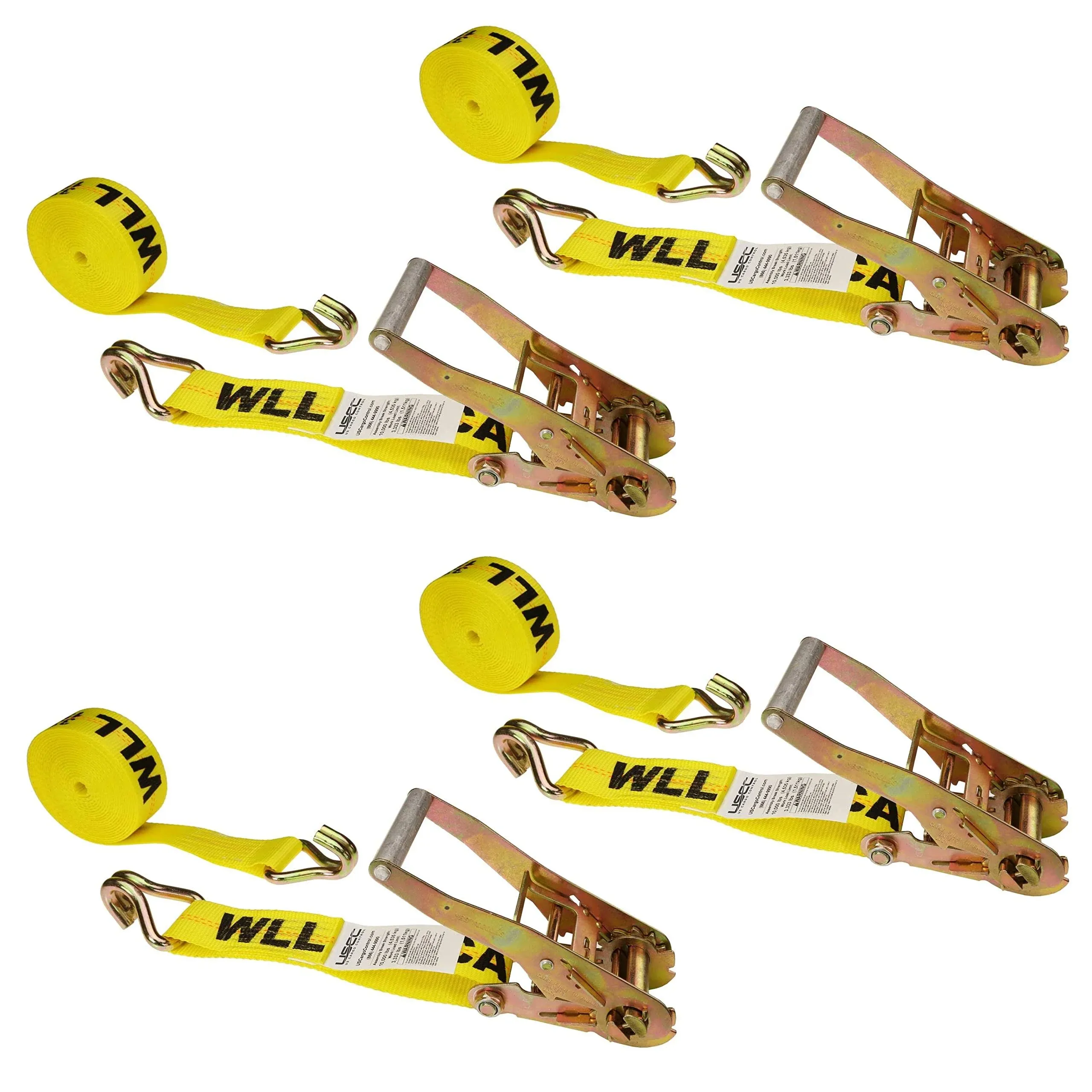 USCC 2&#034; X 27&#039; Wire Hook Ratchet Strap - Yellow 4PK