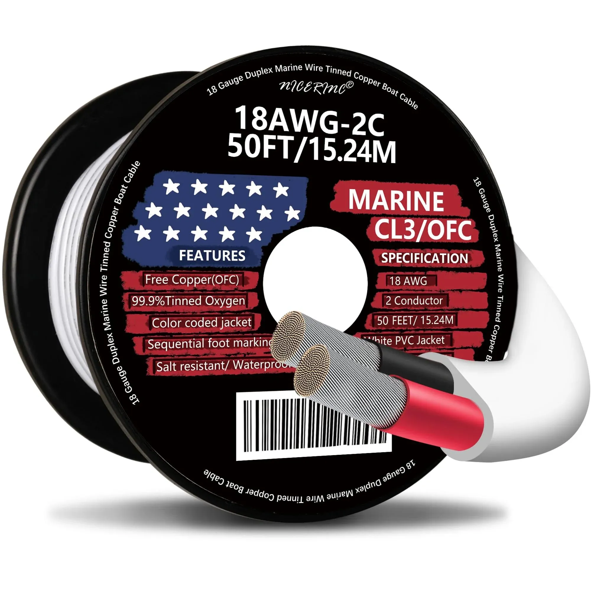 18 Gauge Duplex Marine Wire Tinned Copper Boat Cable, 50ft 18 AWG Standard USA ...