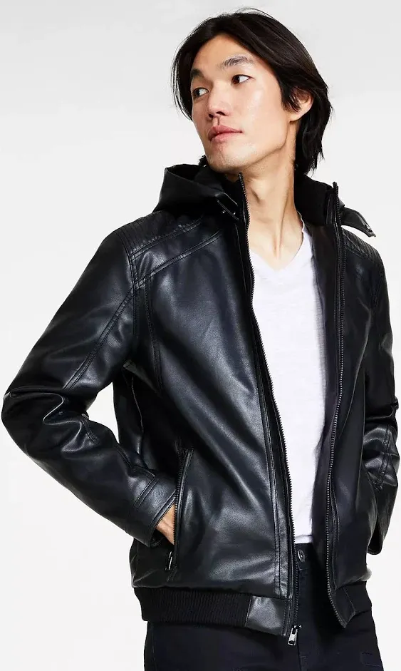 I.n.c. International Concepts Mens Regular-Fit Faux-Leather Bomber Jacket with Removable Hood