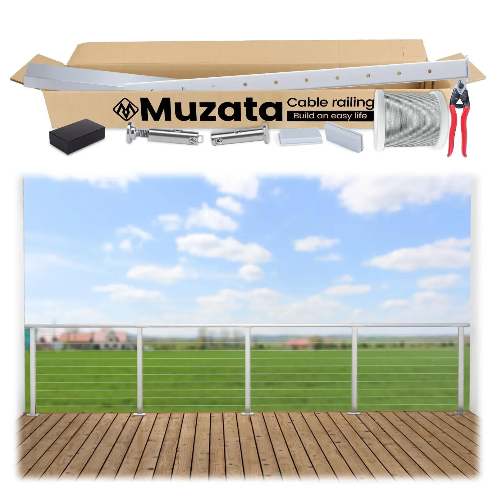 Muzata 36" 13ft / Brushed - Side Mount Complete Set Cable Railing System, One Stop Service All-in-One DIY Kit