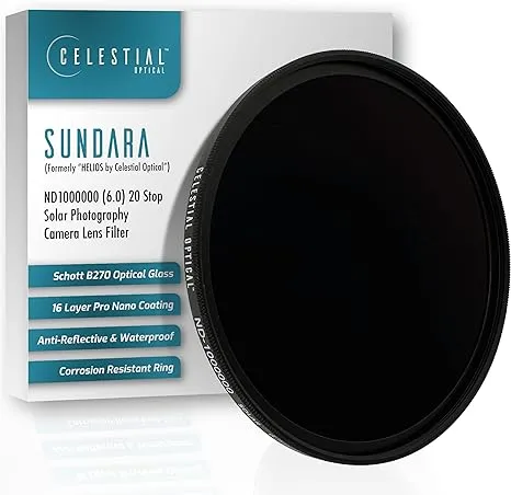 52mm SUNDARA by Celestial Optical - ND1000000, 20-Stop Solar Filter for DSLR Cameras - Schott B270 Optical Glass - 16-Layer Nano Coating - Anti-Reflective & Waterproof for Solar & Eclipse Photography