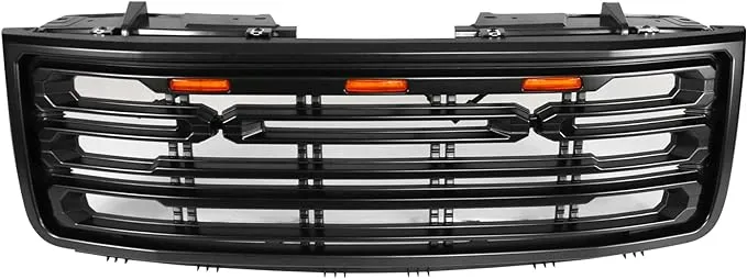 Fits 07-13 GMC Sierra 1500 Gloss Black Front Bumper Hood Upper Grille W/ Lights