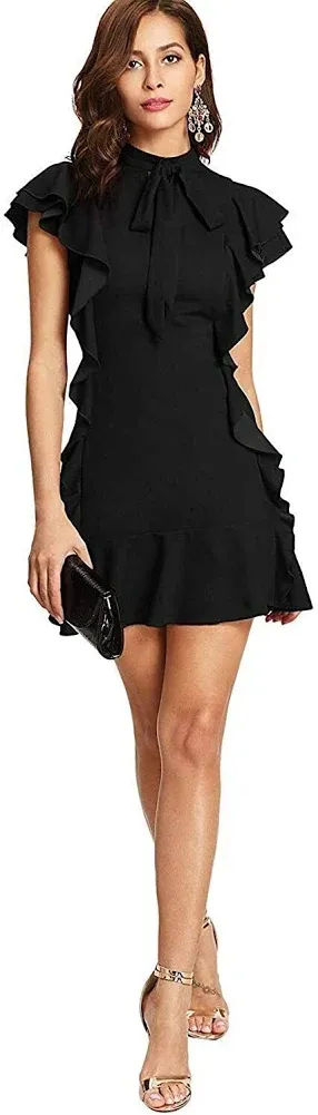 Floerns Women&#039;s Tie Neck Short Sleeve Ruffle Hem Cocktail Party Dress