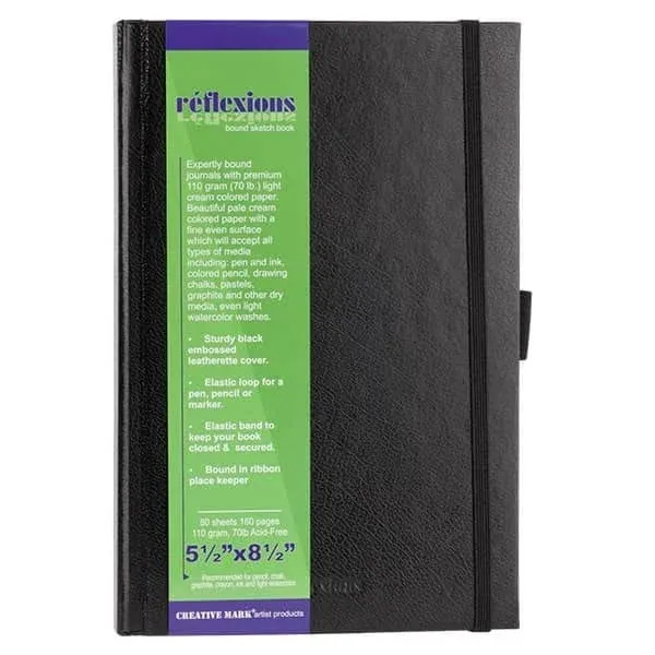 Creative Mark Hard Leather Bound Sketchbook [160 Pages - 5.5 x 8.5"], Black Embossed Leatherette Journal, Acid-Free Paper, Perfect for Dry Media, Drawing with Elastic Pen Loop & Page Keeper Ribbon