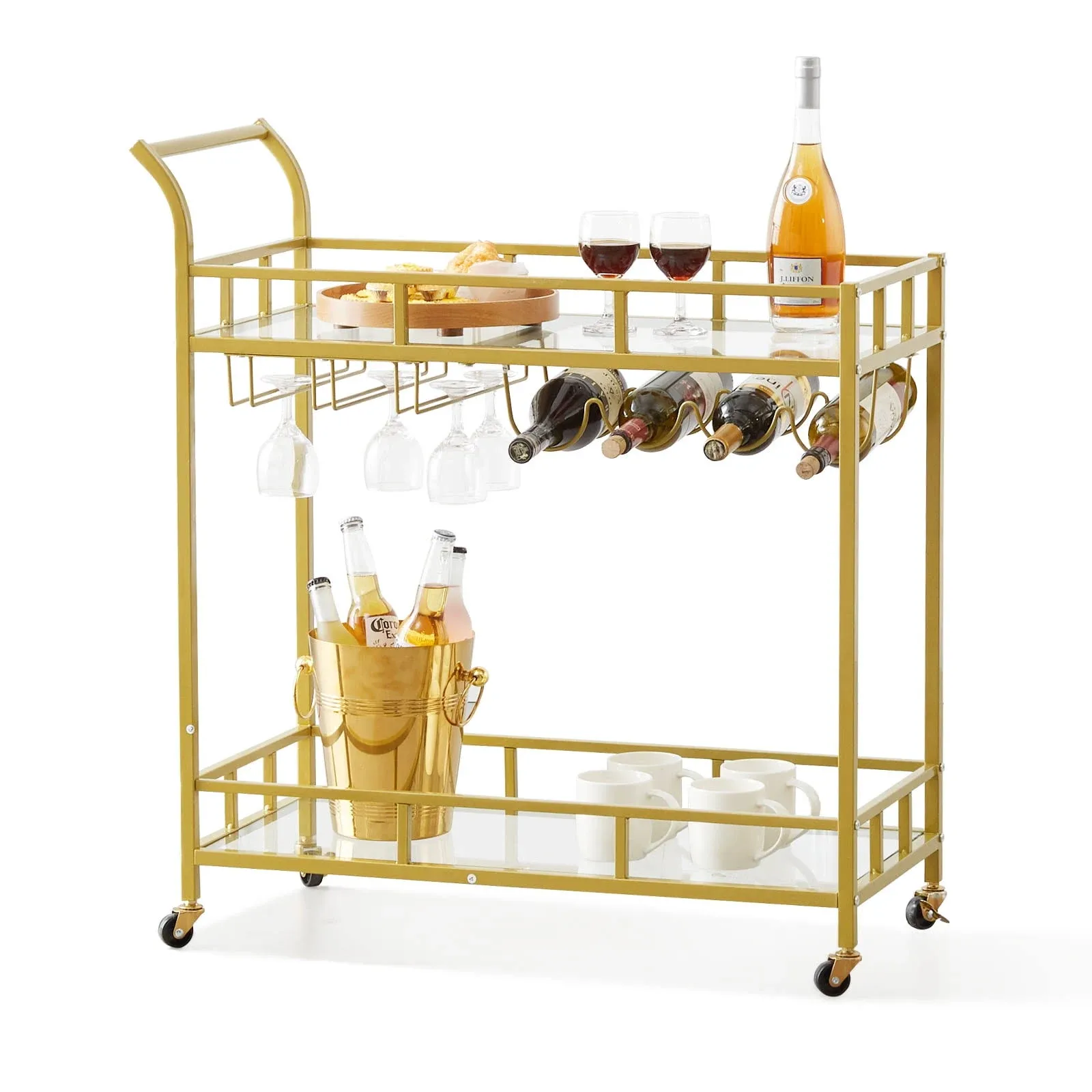 VEVOR 2 Tiers Gold Metal Bar Serving Cart with Wine Rack Glass Holder 120 lbs BLFWCCB15X315AFJYV0