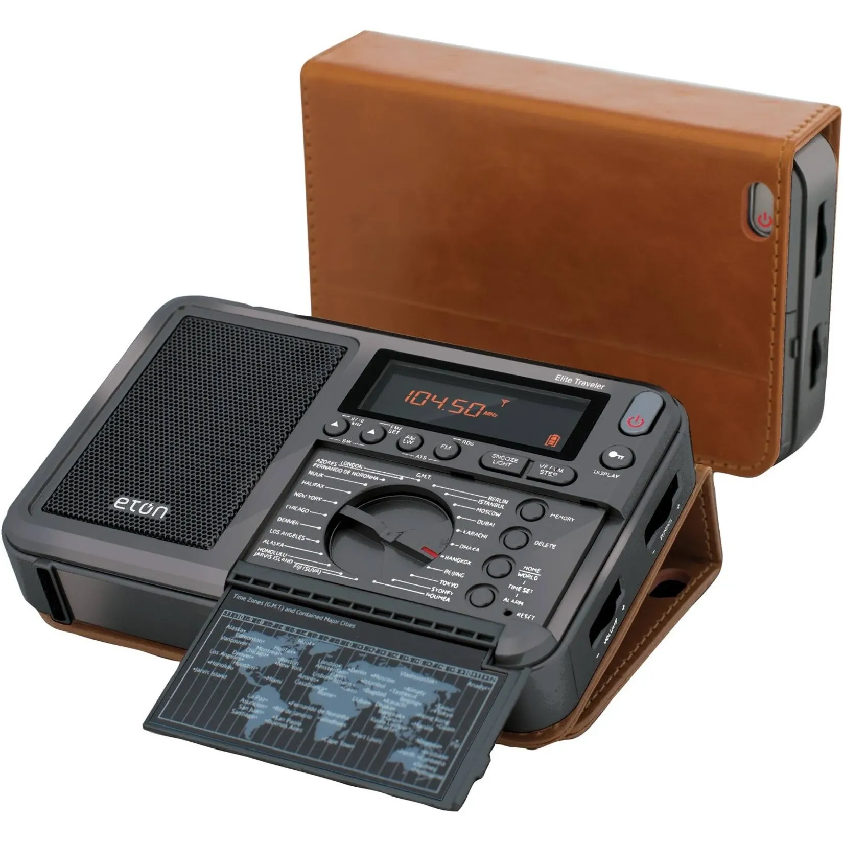 Eton - Elite Traveler AM/FM/LW/Shortwave Radio with RDS & Custom Leather Carry Cover, 500 Station Memory, Sleep Timer, Local/World Time Setting, Snooze Function, Orange LCD Display, Earphone Jack