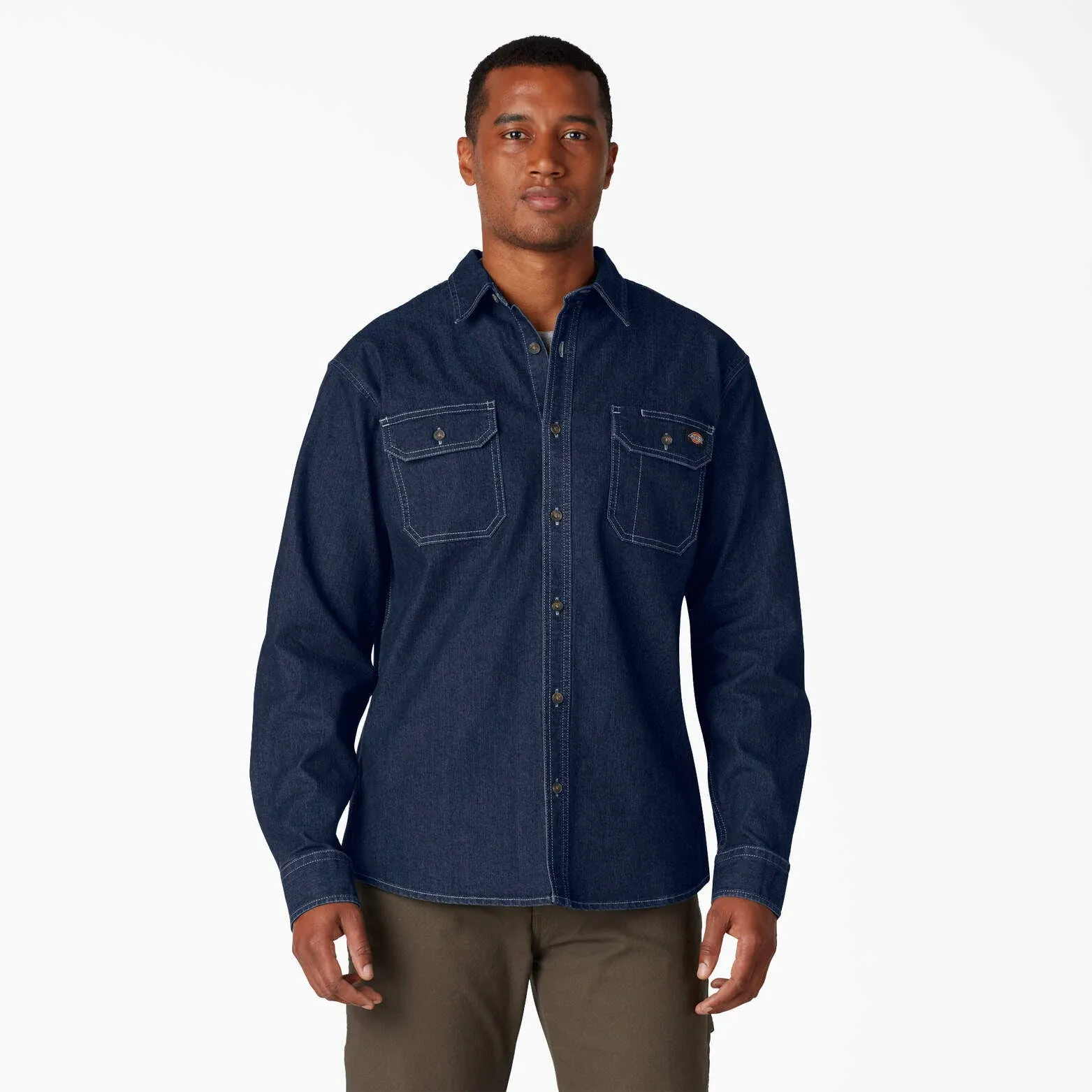 Dickies Mens Flex Denim Long Sleeve Shirt, Dark Denim Wash - WL301