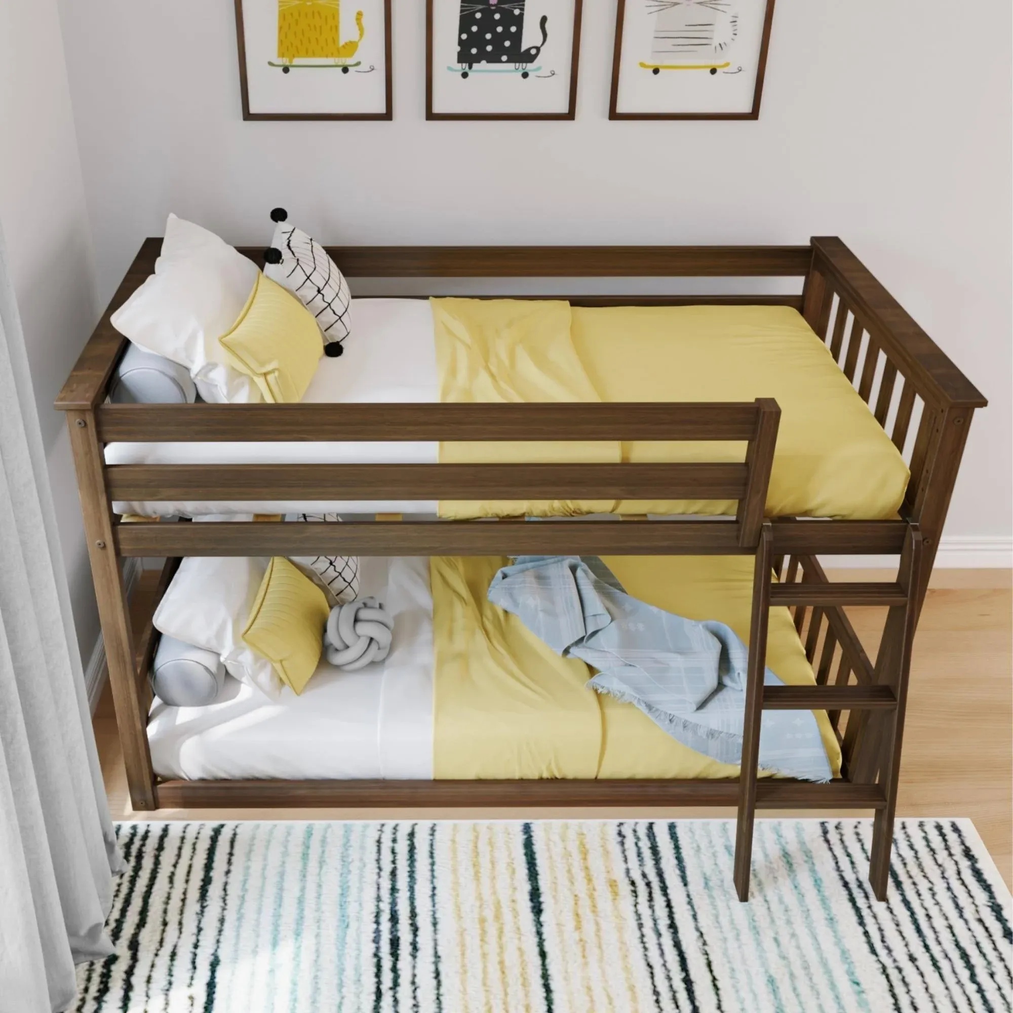 Max & Lily Twin Over Twin Bunk Bed for Kids, Solid Wood Low Bunk Beds with Ladder, Walnut