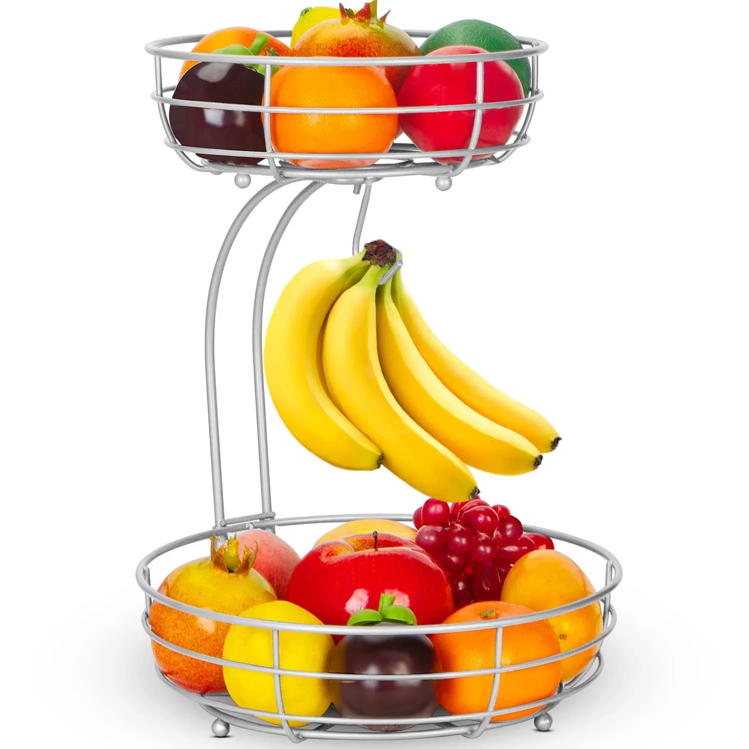 Auledio Iron 2-Tier Countertop Fruit Vegetables Basket Bowl Storage With Banana Hanger, Black, 64 ounces