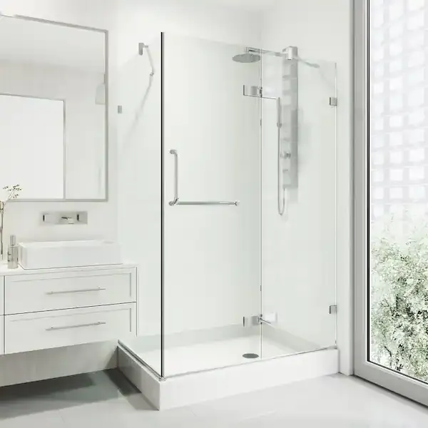 VIGO 32 in. x 40 in. x 79 in. Monteray Frameless Hinged Rectangle Shower Enclosure with Clear 0.38" Tempered Glass and Hardware in Brushed Nickel Finish with Right Handle and Base - VG6011BNCL40WL