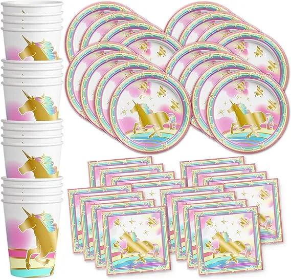 Gold Rainbow Unicorn Pegasus Birthday Party Supplies Set Plates Napkins Cups Tableware Kit for 16