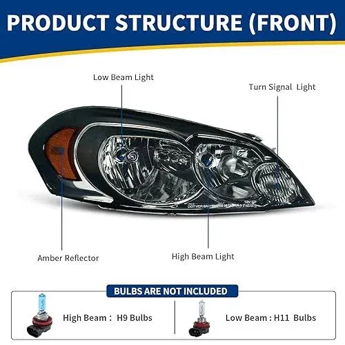 AUTOSAVER88 Headlight Assembly Compatible with 2006-2013 Chevy Impala 06 07 Chevy Monte Carlo Replacement Headlamp Driving Light Chrome Housing Amber Reflector Clear Lens 25958359 25958360