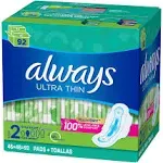 Always Ultra Thin Pads Size 2 Super Long Absorbency Unscented with Wings (92 ct)