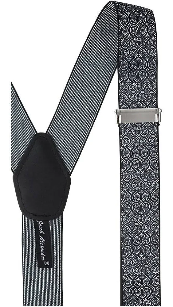 Jacob Alexander Men's Floral Y-Back Suspenders Braces Convertible Leather Ends Clips - Black White