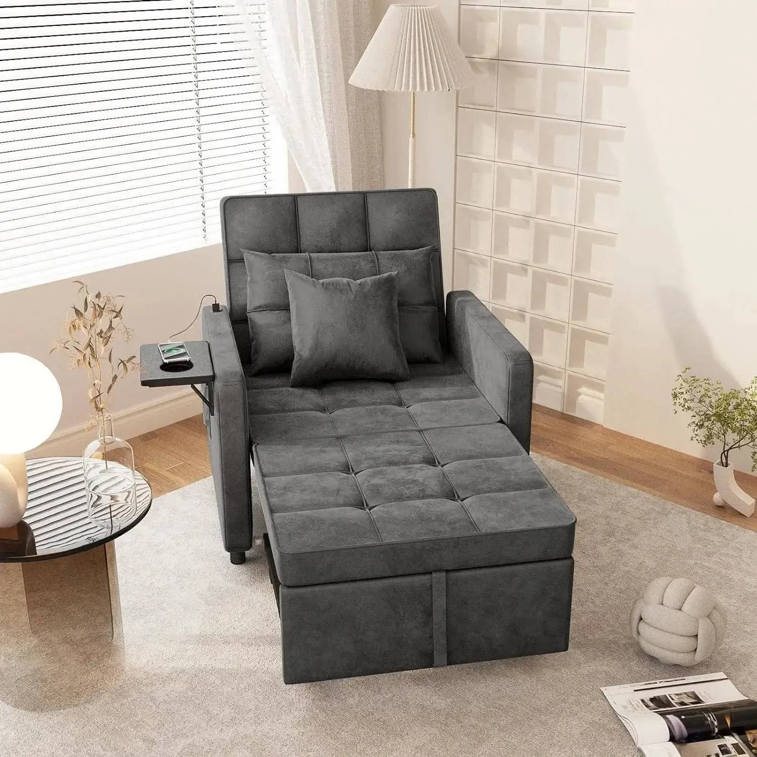 Vabches Sofa Bed Chair with Wing Table and USB Ports Outlet, 3-in-1 Sofa Chair Bed Couches with Two Pillows, Velvet Sleeper Chair with Adjustable Backrest, Easy Assembly, Dark Grey