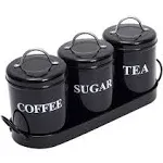 3-Piece Vintage, Retro, Farmhouse Metal Containers with Lids, Coffee, Tea, Sugar Set Canister With Tray For Food Storage, Black