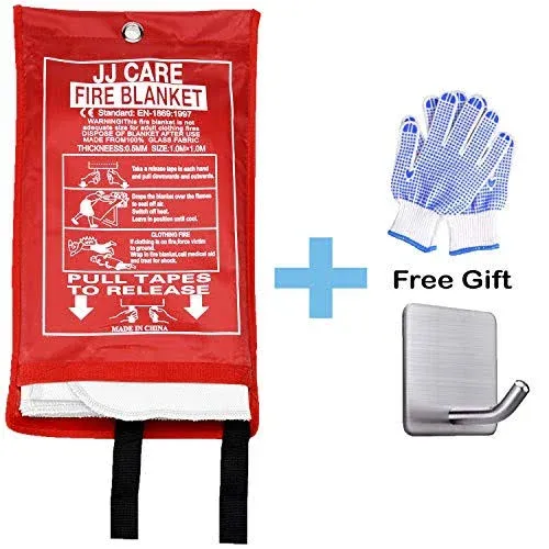 JJ CARE Fire Blanket – (X-Large) 6.5x6.5ft w/Hooks & Gloves, Emergency Fire Blanket for Home & Kitchen, High Heat Resistant Fire Suppression Blankets for Home Safety, Kitchen, Camping