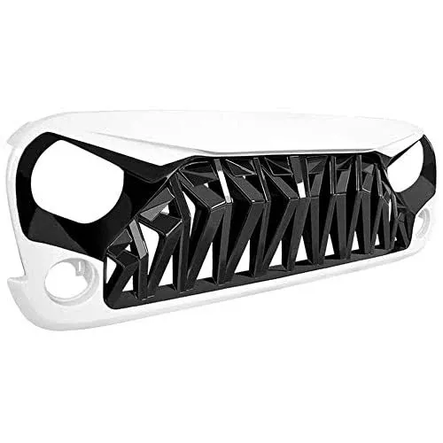 American Modified Heavy Duty Aggressive Front Shark Grille for Jeep Wrangler, JK/JKU, Rubicon, and Sahara Sport 2007 to 2018 Models, White and Black