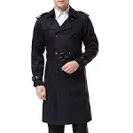 AOWOFS Men's Double Breasted Trench Coat Stylish Slim Fit Mid Long Belted Windbreaker, Black, X-Large