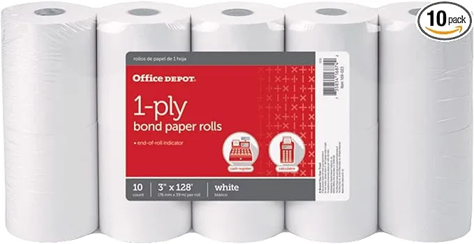 Office Depot 1-Ply Paper Rolls, 3in. x 128ft, White, Pack of 10, 109023