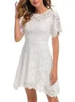 MSLG Women's Elegant Round Neck Short Sleeves Wedding Guest Floral Lace Cocktail Party Dress 943