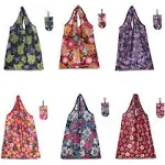 Elephant-package 6 Pcs Foldable Shopping Bags with Hook- Washable- Reusable Grocery Bags with Pouch Tote Bags (Cute Flower Design)