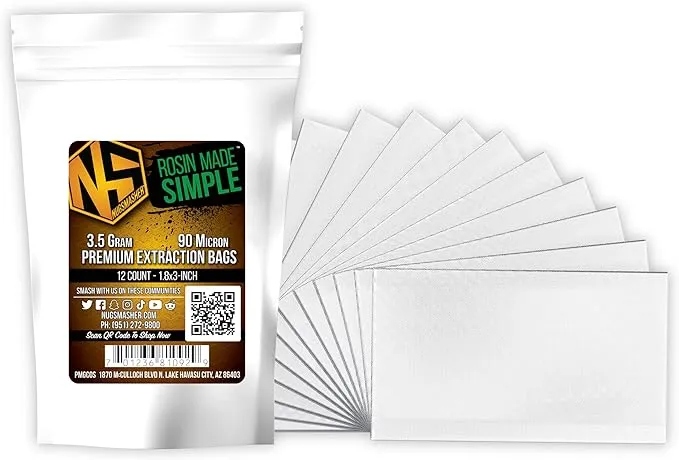 NugSmasher® Rosin Press Bags -3.5 Gram (90 Micron) sized for nug smasher rosin press heat press and other machines each package contains 12 double back stitched press bags that measure 1.8″ x 3″