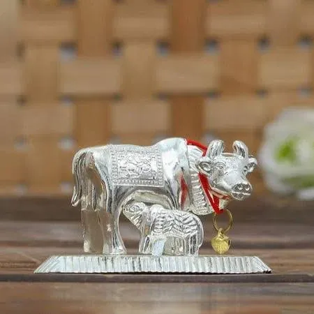 Cow and Calf Idol for Pooja | Kamdhenu Gau MATA Silver Color | Figurine showpiece Divine Pooja Gift décor