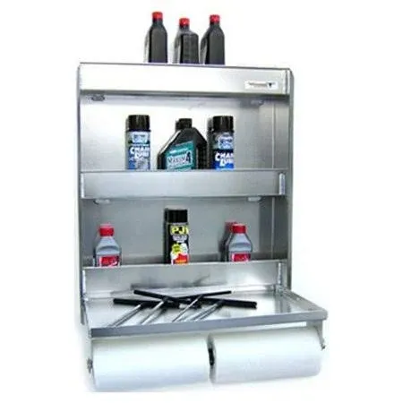 Pit Posse 445 Trailer Door Cabinet Organizer Senior Work Station Storage - Made in USA - Flip Out Work Tray Spring Loaded Paper Towel Tensioner Aluminum Garage Bike Shop 25 x 6 x 30 (Silver)