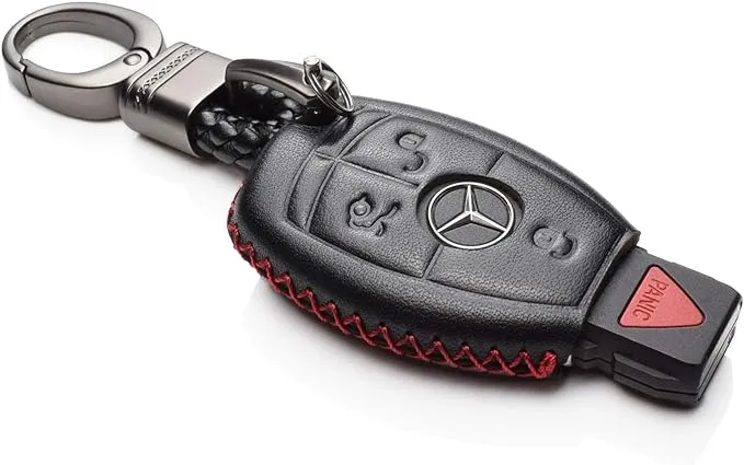 Vitodeco Leather Keyless Entry Remote Control Smart Key Case Cover with a Key Chain Compatible for Mercedes Benz (Black/Red)