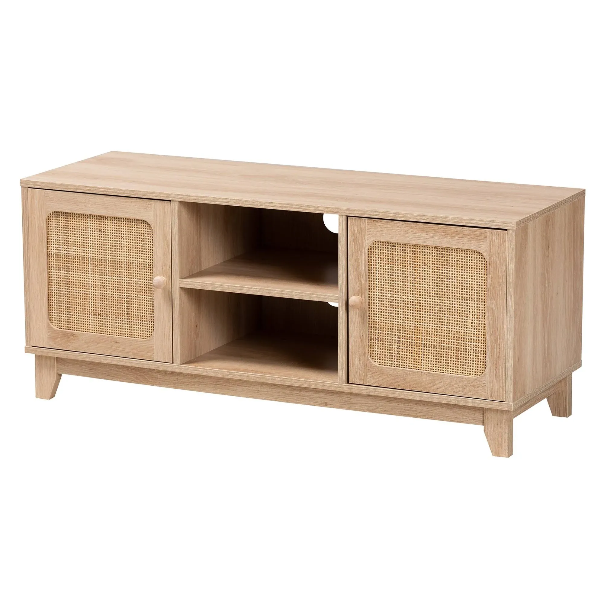 Baxton Studio Modern Light Brown Finished Wood and Rattan 2-Door 56&#034; TV Stand