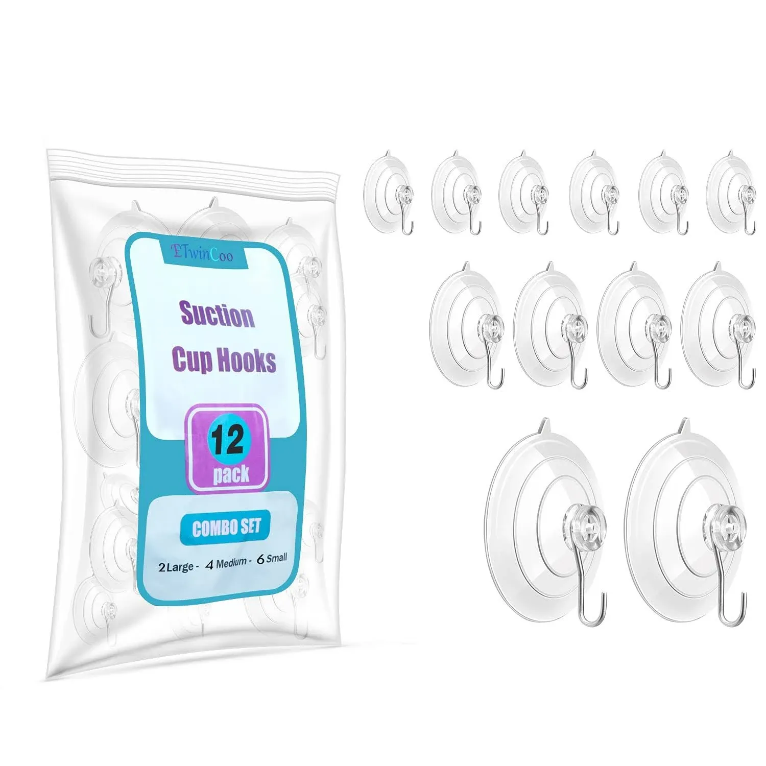 ETwinCoo All-Purpose Suction Cups Hooks [Combo Set] Reliable Strongest Window Suction Cups with Hooks (2 Large, 4 Medium, 6 Small), 12 Pack