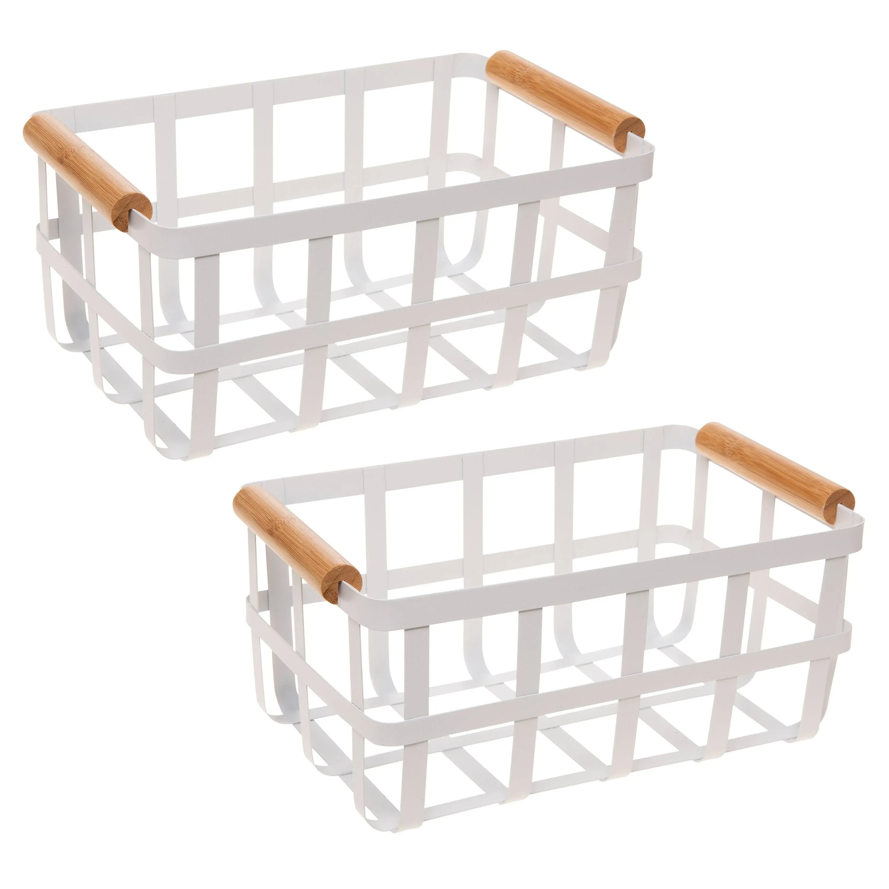 Simplify 2 Pack Rectangular Metal Storage Basket with Bamboo Handles | Large | Farmhouse Style Wire Basket | Home Organizer | Decorative | Rustic | White (KIT-10038) (KIT-10038-WHITE-2PK)