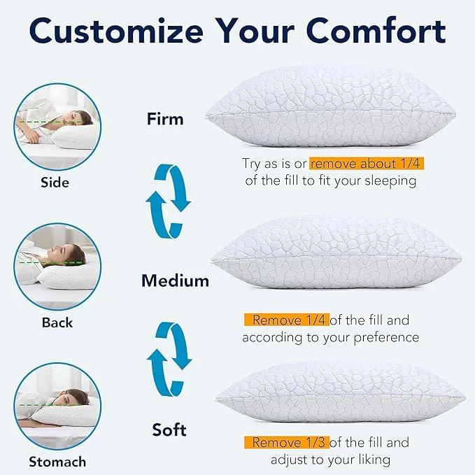 Cooling Bed Pillows for Sleeping Adjustable Gel Shredded Memory Foam Pillows King Size, Pillows for Side Back Sleepers